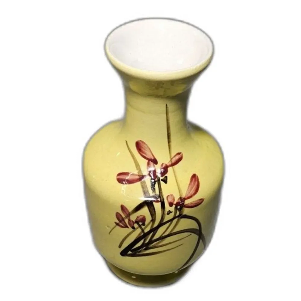 Vintage Yellow Ceramic Bud Vase Hand Painted Floral Orchid 6” Asian Style